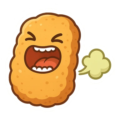 cartoon chicken nugget with an open mouth, visible teeth, and a fart cloud, fun and expressive style sticker