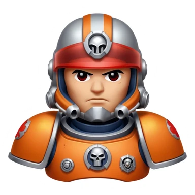 A space marine from Warhammer 40K, in orange and silver armor, with red visor sticker