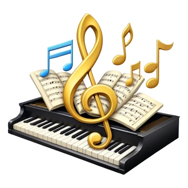 Create a bright and artistic emoji that represents music composition. The design should feature musical notes, a pencil or quill, and a sheet of music, symbolizing the creative process of composing a song. Add a touch of elegance with flowing lines to represent melody and rhythm. Incorporate piano keys arranged like a ribbon or flowing tape, symbolizing the piano's role in composition. Use gold or silver tones for sophistication, and incorporate vibrant colors to convey creativity. The background should be transparent. sticker