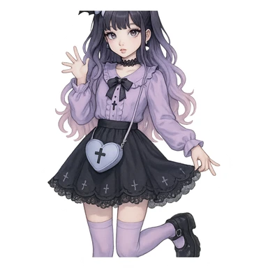 gothic K-pop girl, dreamy pastel goth style, soft colors with gothic details, whimsical pose, cute accessories sticker