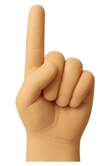 Edit the image to show only the hand, no plastic bag or anything else. The hand should be cut off cleanly right below the wrist, viewed from the back, standing vertical with the pointer finger extended. The hand should be skin color, toy-like, soft, squishy, retro plastic look, and highly detailed. No background. sticker