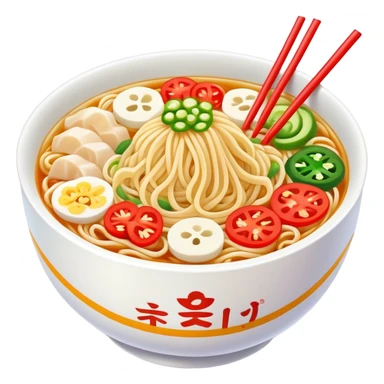 Shaanxi cold skin noodles with colorful toppings, simplified emoji style with bold outlines and bright colors, cartoon style Xi'an famous cold appetizer sticker