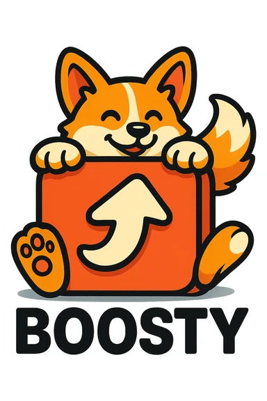 Boosty logo icon with a cute corgi's paws and tail peeking from behind the logo, or the corgi itself playfully interacting with the logo, colorful, simple, no gradients, bold clear outlines, expressive shadows and highlights to create volume, plump vector-like style with strong sense of 3D form sticker