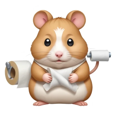 Cute chubby cartoon-style hamster sitting on toilet holding toilet paper looking as if he had an accident, sticker-style illustration sticker
