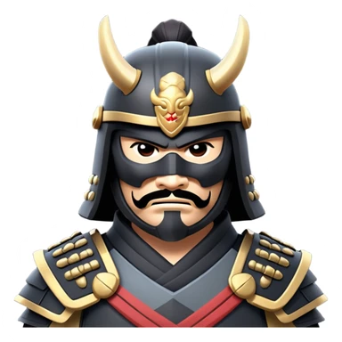clash-of-clans-aesthetic_-cinematic-fearsome-and-majestic-samurai-bust-portrait-emoji, rendered in a flat, vector-style with minimal shading and bold, simplified shapes typical of emoji art, depicting a battle-hardened samurai with black mask and traditional black Japanese armor. The samurai is riding a noble grey warhorse adorned with an intricately designed saddle and fluttering banners and a rising sun. a samurai on a   horse sticker