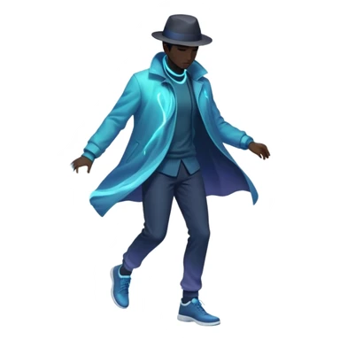 Male silhouette with flowing energy aura around it and small style elements like hat, jacket and shoes orbiting around, ethereal masculine style inspiration sticker