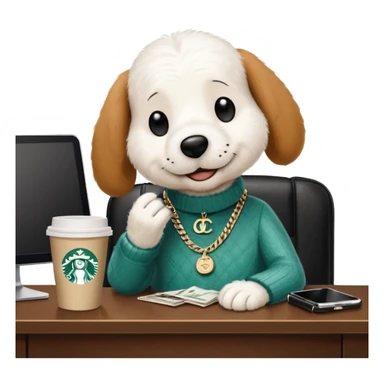 snoopy in a desk with starbucks and his chanel purse sticker
