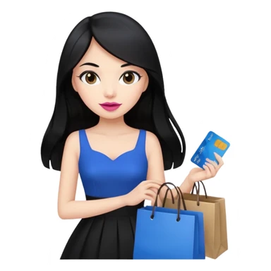 Girl with long black hair, pink lipstick, brown eyes holding shopping bags and blue credit card and wearing a black dress  sticker