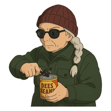 1 female, long white braid, knit cap, dark sunglasses, DARK GREEN HUNTER JACKET, USING A SMALL BLACK HANDHELD CANOPENER TO OPEN A CAN OF DEES BEANS sticker