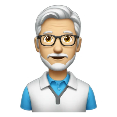 senior software engineer with gray hair including goatee, blue eyes with glasses, wearing a polo shirt.  sticker