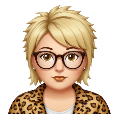  plus size white women dressed in leopard with short medium brown and blonde shaggy spiked hair wearing glasses with hazel color eyes and flat nose sticker