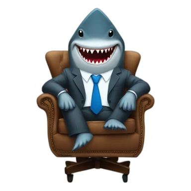 A shark wearing a suit looking straight while sitting in a brown chair with a blue tie sticker