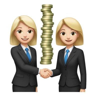 Девушка получает много денег и заключает выгодное сотрудничество. Она жмет руку коллеге и вокруг мешки денег  sticker