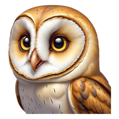 Cinematic Comical Barn Owl Portrait Emoji, Head tilted dramatically with an exaggeratedly amused expression, featuring a striking mottled plumage with bold contrasts, wide, expressive amber eyes filled with playful disbelief, Simplified yet hilariously expressive features, highly detailed, glowing with a slightly sassy glow, high shine, dramatic yet playful, stylized with an air of cheeky nocturnal mischief, bright and endearing, soft glowing outline, capturing the essence of a spirited and over-the-top owl, so meme-worthy it feels like it could hoot its way into internet fame instantly! sticker