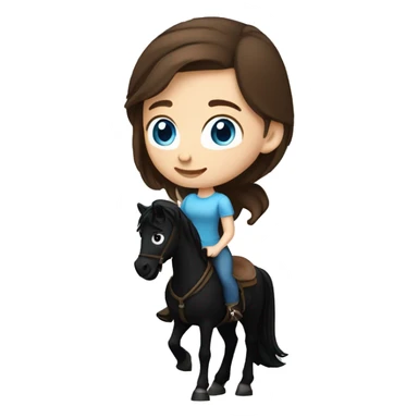 Girl with white skin, blue eyes and brown hair riding a Black horse with long mane and dark eyes. We see them from the side, they are causally walking sticker