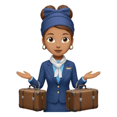 flight attendant, Light Brown skin, brown hair in single bun, neck scarf, suitcase sticker