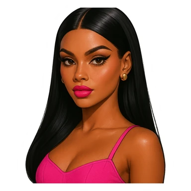 Barbie-inspired baddie with sleek black hair, brown skin, bold makeup, dark brown eyes, gold stud earrings sticker