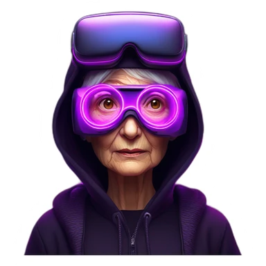 Russian old woman wearing a black hoodie with "OMG" letters on it and VR headset in a cyberpunk VR environment with violet neon lighting. sticker