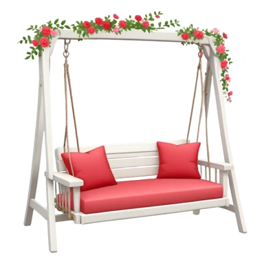 Romantic white wooden pastel-red cushions couch-swing with tiny flowers around sticker