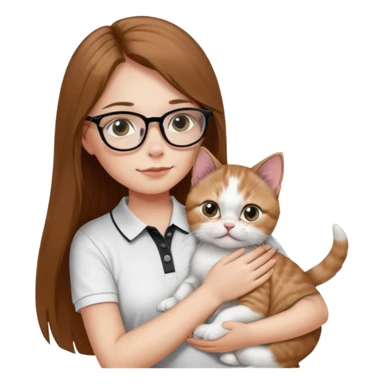 a girl with long brown straight hair, in a white a black polo t-shirt, with eyeglasses hugs a persian kitten 3 months old had a half spot black on her face and white one cat. emoji | AI Emoji Generator sticker