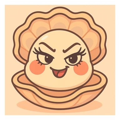 Add pretty eyelashes to the cute oyster, keep the subtle and bright pastel background, maintain the pearly reflections on the shell, the softness of the red cheeks, pastel toon details, mischievous expression, creamy, peach and greige texture, and the volume of the shell. sticker