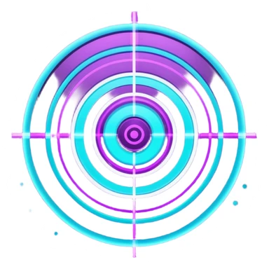 Futuristic glowing bullseye target emoji, neon purple and cyan holographic glow, dark background, digital tech style, abstract sparkles, no face. sticker