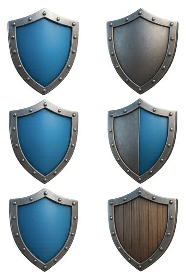 6 scudi 3d che simboleggiano "difesa e protezione", realistici in 3d fluttuano in aria, iperrealistico 4k sticker