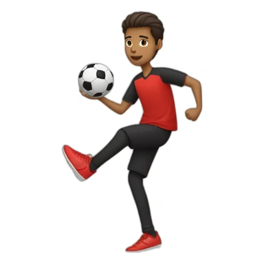 brown man juggling soccer ball, red shirt, black trousers, sneaker shoes, short hair, soccer ball,  sticker