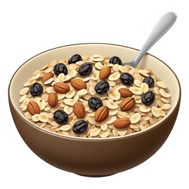 apple style emoji small shallow bowl of muesli, visible mix of beige rolled oats, dark brown raisins, light brown nuts, seeds, clean 3D minimal soft lighting clear forms, no anthropomorphic elements, no milk, no yogurt, no spoon, transparent background, emoji scale sticker