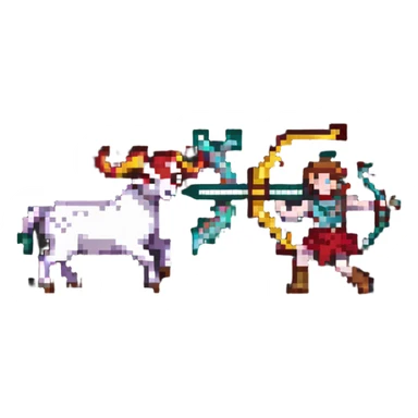Sagittarius defeating Aries ram, pixel art style sticker