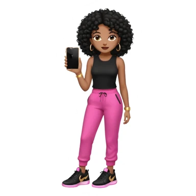 Black woman, adult, 4C black curly hair, dark brown eyes, wearing black top, pink pants, black sneakers, gold hoop earrings, iPhone emoji style sticker