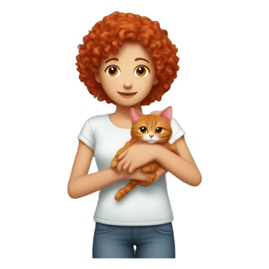 A red-haired curly-haired girl holds a red cat in her hands sticker