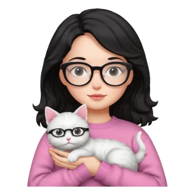 a girl with a black wavey hair, wearing a pink sweater and glasses, holding a cute white cat, only upper body, high quality. sticker