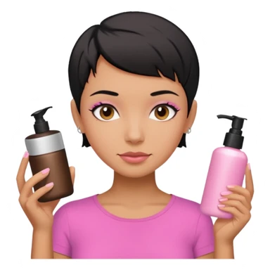 tan girl pink shirt with black hair & a pixie, cut no earrings, doing skin care sticker