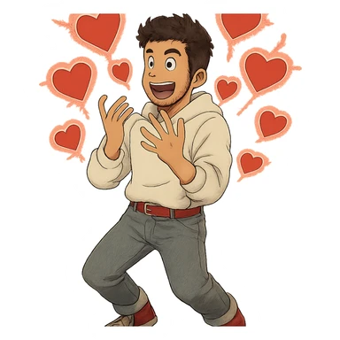 a burst of heart shapes that fits the theme: 1 male, mid fade haircut dark chestnut brown curly hair, toasted lightskin, white hoodie sleeves up, gray fashion jeans, red fashion-sneakers shoes, red belt, short trimmed beard and goatee,  style of deku from "my hero academia",  doing a "i adore that!" exclaimation pose with red electricity, sticker