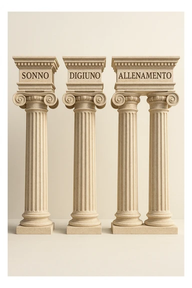 5 pilastri con le scritte "SONNO", "DIGIUNO", "ALLENAMENTO", "INTESTINO", IMMAGINE IPERREALISTICA SFONDO CHIARO IN ITALIANO sticker