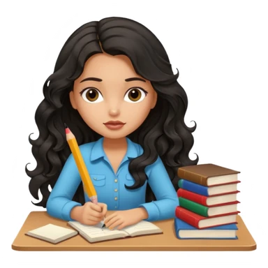 a pretty tan bratz girl with black wavy long hair studying. Pile of books on the table. No glasses. Looks tired sticker