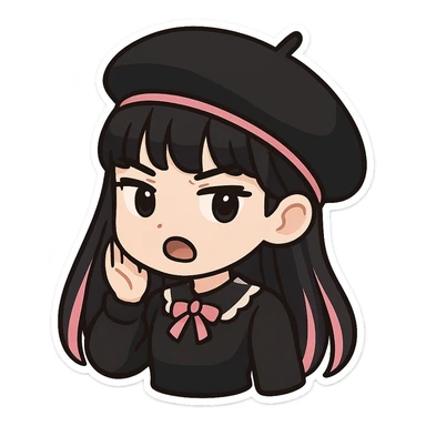 BLACKPINK-inspired gothic beret, cute and expressive, black and pink, no hearts sticker