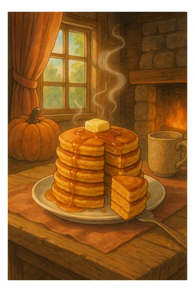 stack of pumpkin pancakes with a piece cut out, cozy sticker