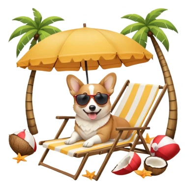 a corgi dog laied on a beach chair, a sunny beach, a sun umbrella, and beach coconut trees. the icon should capture the essence of a relaxing beach vacation with a carefree atmosphere sticker
