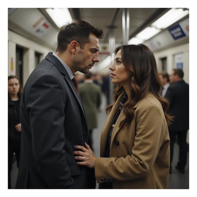 Man pretending to be weak, leaning exaggeratedly on a woman accompanying him, looking at her to see her reaction, public environment, hyperrealistic 4K details sticker