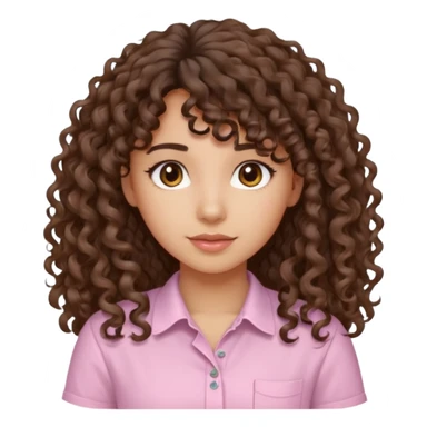 A Latina girl with brown eyes and long loose curly hair with curly bangs with a light pink shirt sticker