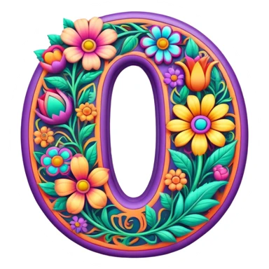3D, gothic style psychedelic colored capital Letter O with hippie style flower border sticker