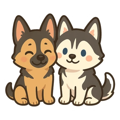 chibi sticker of two dogs, one German Shepherd and one Husky, sitting together, inspired by the reference photo sticker