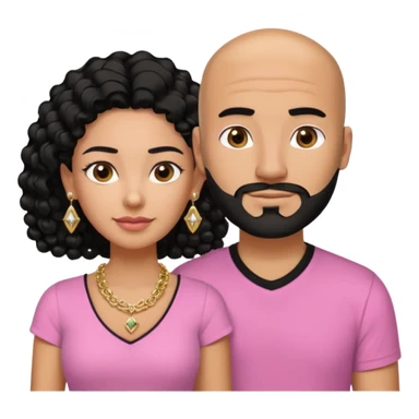 A picture if a couple. the man is a Mexican man with tanned skin, black hair, a bald hair cut, short boxed beard, and wearing a black shirt. the woman is mixed with black and white, with brown curly long hair, gold diamond earrings, a gold chain necklace and wearing a pink shirt on with big boobs sticker