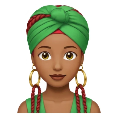 Non-portrait Jayci-vibe emoji, 1024 PNG, transparent. Headwrap (muted R-G-G), hoops, locs hint; soft smile, golden inner glow + faint heart aura. Embed: first-love, roots calm, playful grace, protective joy, consent. sticker