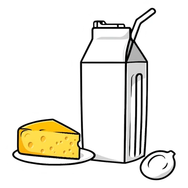 milk carton, cheese wheel, yogurt cup, and butter sticker