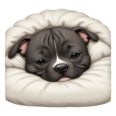 Meme-Worthy Cute Sleeping Black/Brindle Staffordshire Bull Terrier Portrait Emoji, Head resting peacefully with a contented smile, showcasing a delightfully compact build and a luxuriously soft Fur with an attractive black and brindle blend, eyes shut in a serene nap, Simplified yet hilariously adorable features, highly detailed, glowing with a soft, drowsy light, high shine, relaxed and utterly lovable, stylized with an air of playful laziness, bright and heartwarming, soft glowing outline, capturing the essence of a comically sleepy guardian, so meme-worthy it feels like it could instantly become the next viral sensation of adorable slumber! sticker