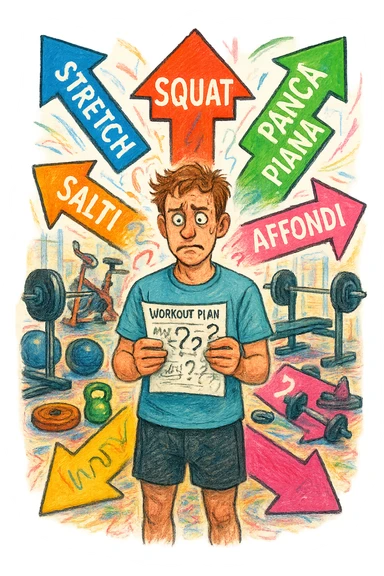 a person stands in the center of a gym, surrounded by arrows pointing in all directions, each labeled with a different exercise (e.g., “squat,” “Salti,” “stretch,” “Panca Piana”). The person looks bewildered, holding a workout plan with scribbles and question marks. The scene is colorful but visually messy, symbolizing confusion. in italiano immagine iperrealistica sticker