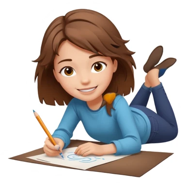 a girl who is getting on the ground and drawing cute herself on a paper  sticker